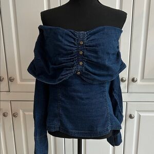 NWTn Anthropologie Pilcro Off-Shoulder Dark Blue Denim Blouse with Ruched Front